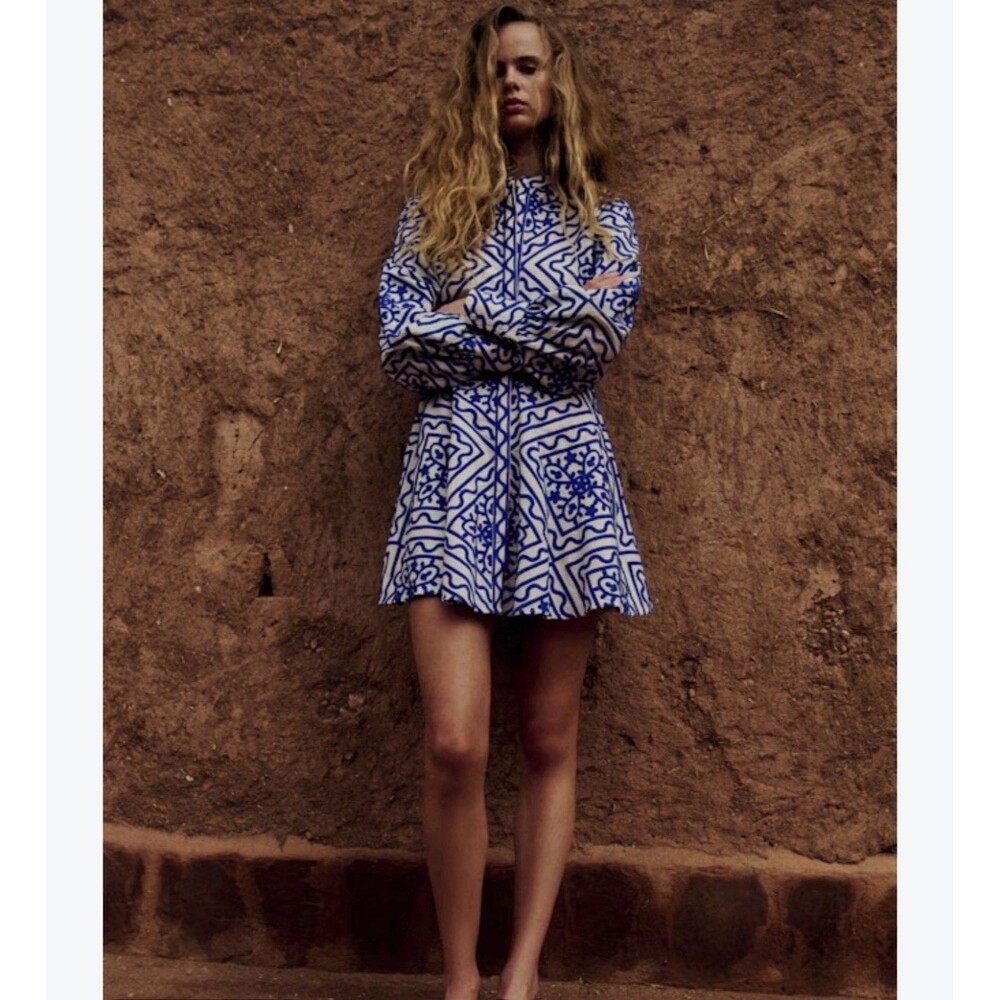 NWT Sezane Alizia Dress Sz 38 Linen Cotton Blend Texuted Embroidered